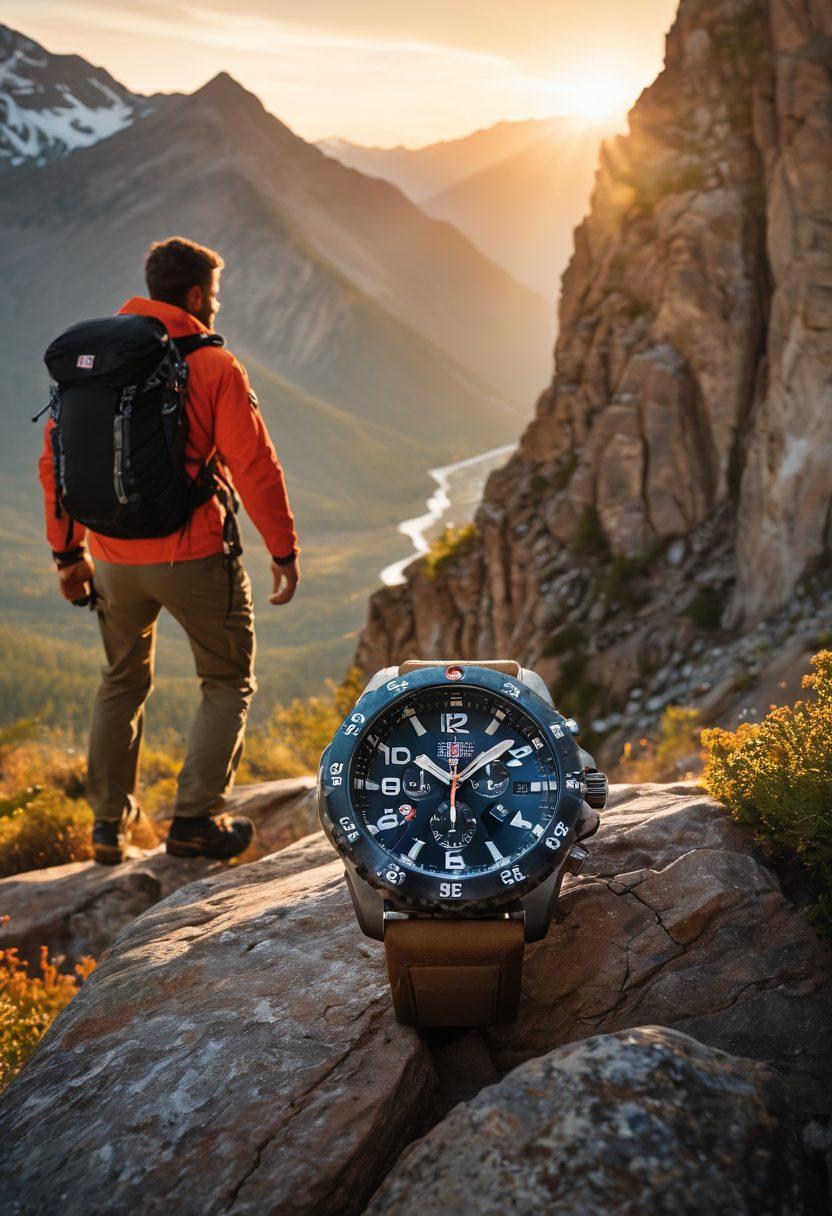 A dynamic outdoor scene showcasing a rugged mountain landscape, with a diverse group of adventurers wearing Luminox timepieces, each watch reflecting sunlight and highlighting its durability. Capture the thrill of an active lifestyle, featuring hiking, climbing, and a beautiful sunset in the background. The atmosphere should exude energy and adventure. super-realistic. vibrant colors. natural lighting.