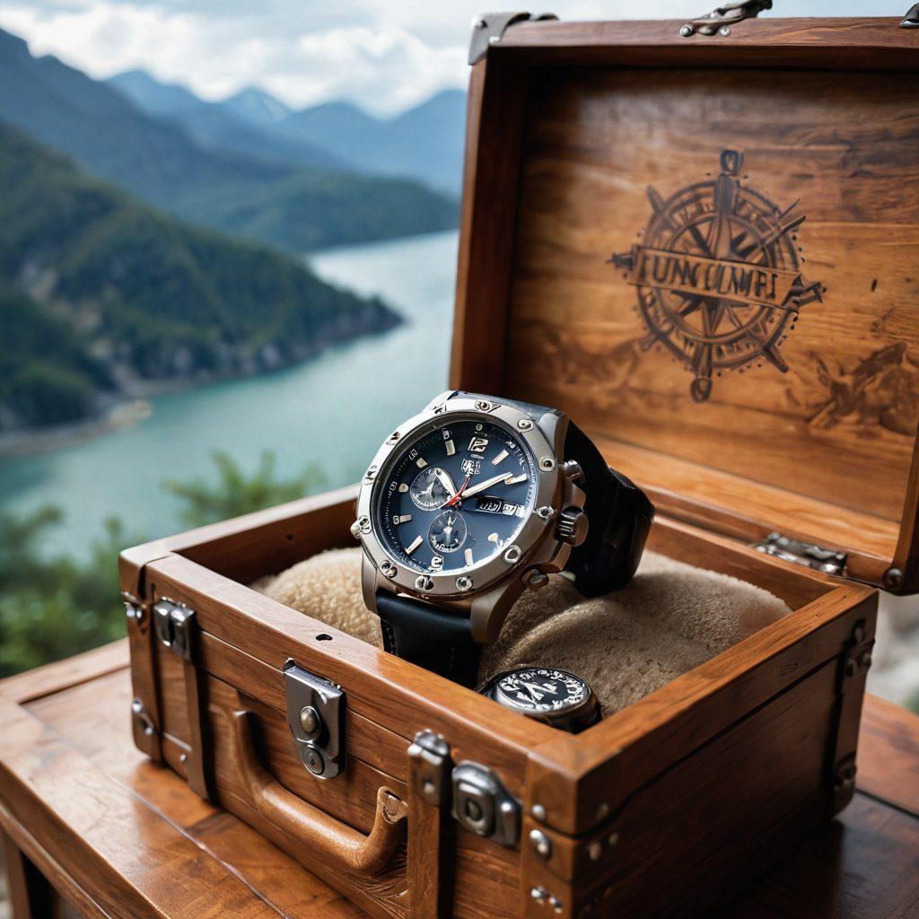 A luxurious scene featuring a gleaming Luminox timepiece resting on a beautifully carved wooden travel trunk. In the background, expansive landscapes of mountains and serene beaches, symbolizing journey and adventure. Soft, warm light creates an inviting ambiance, while delicate floral elements bring joy and elegance. Include subtle hints of resilience, like a compass and map. super-realistic. vibrant colors. elegant atmosphere.