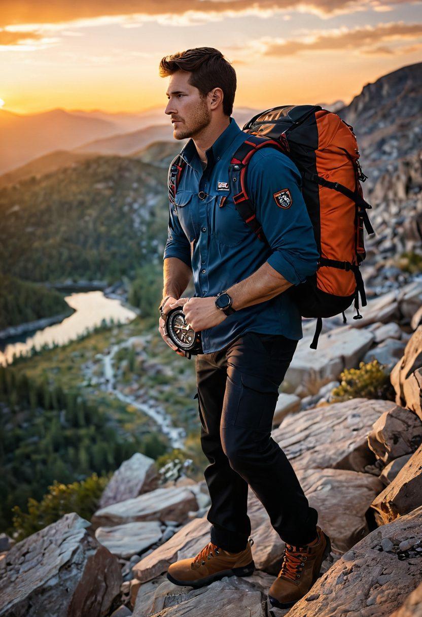 A rugged adventurer wearing a stylish Luminox watch while scaling a rocky mountain, with a breathtaking sunset in the background. The watch is prominently displayed, showcasing its durable design. Include elements of exploration like a compass and backpack nearby. The overall scene should evoke a sense of adventure and resilience. super-realistic. vibrant colors. dramatic lighting.